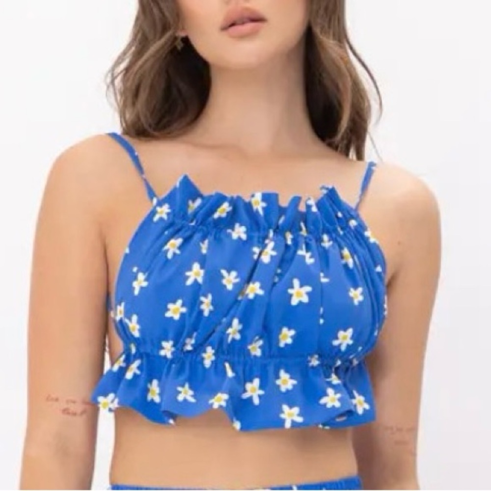 From Pretty Garbage
Ditsy floral print crop napkin blouse with open back.